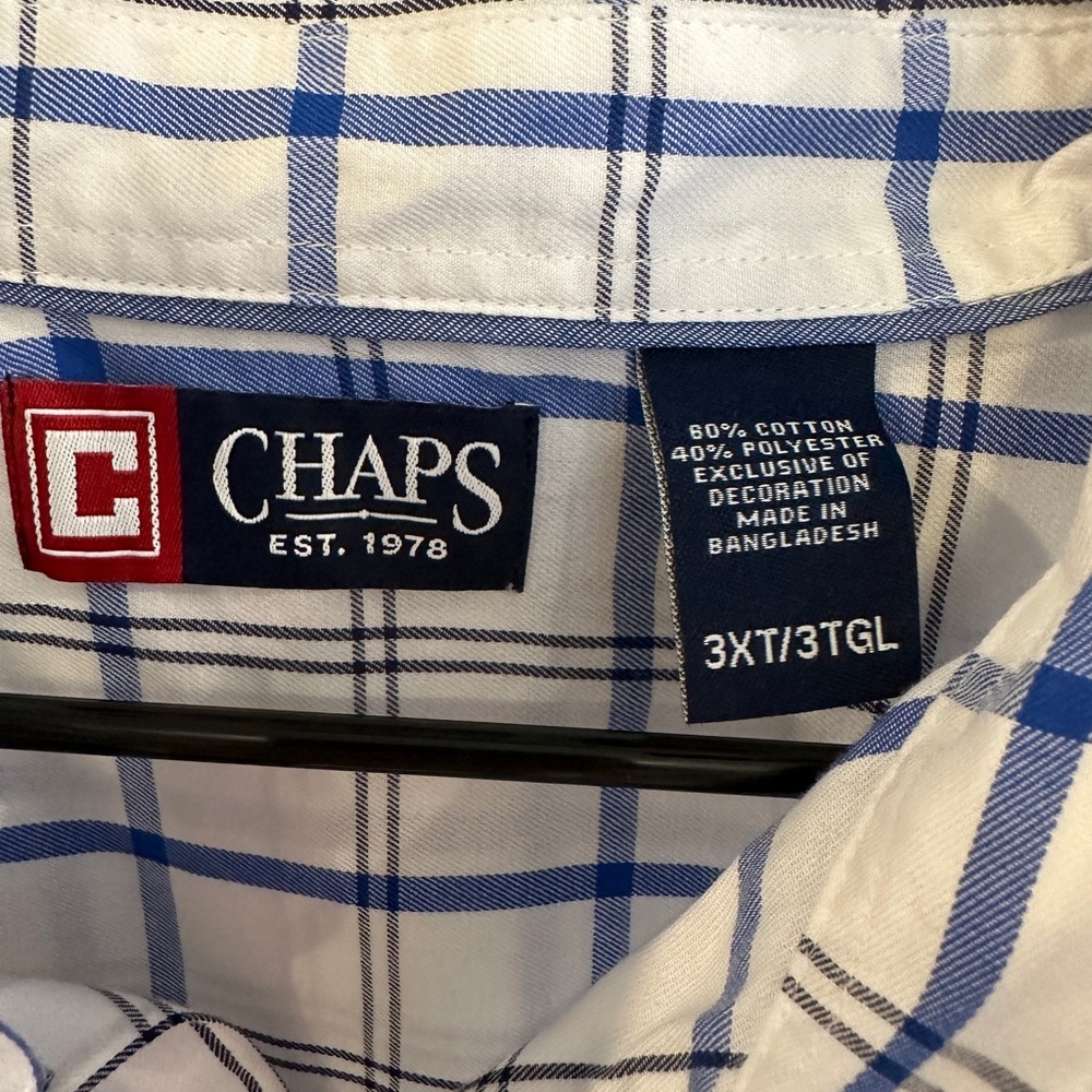 Chaps 3XLT Long Sleeve Button Down Shirt in White and Blue Plaid (Used)